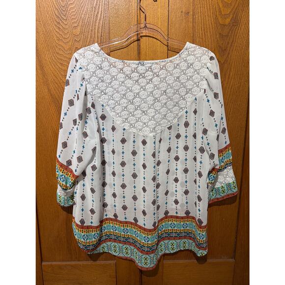 Figueroa & Flower 2X Sheer Boho Peasant Top Lace Trim Bell Sleeves - Picture 5 of 6